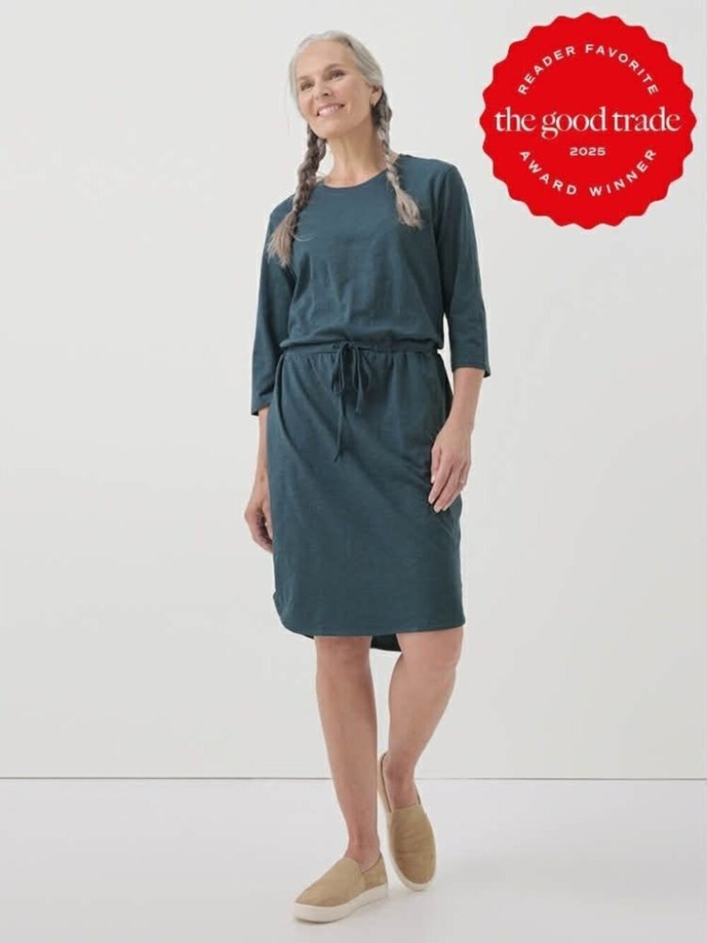NEW Pact Size XXL Dress Drawstring Waist Organic Cotton Pockets 3/4 Sleeve